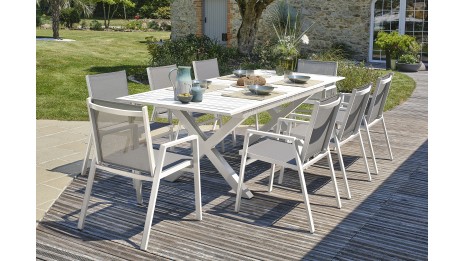Lot composé d'une table de jardin FLORIDE-TB240-ALU-B avec rallonge et de 8 fauteuils FLORIDE-FT-BLANC empilables