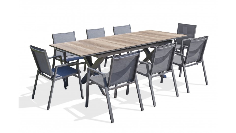 Lot composé d'une table de jardin FLORIDE-TB240-HPL-AW avec rallonge et de 8 fauteuils FLORIDE-FT-GRISANTH empilables