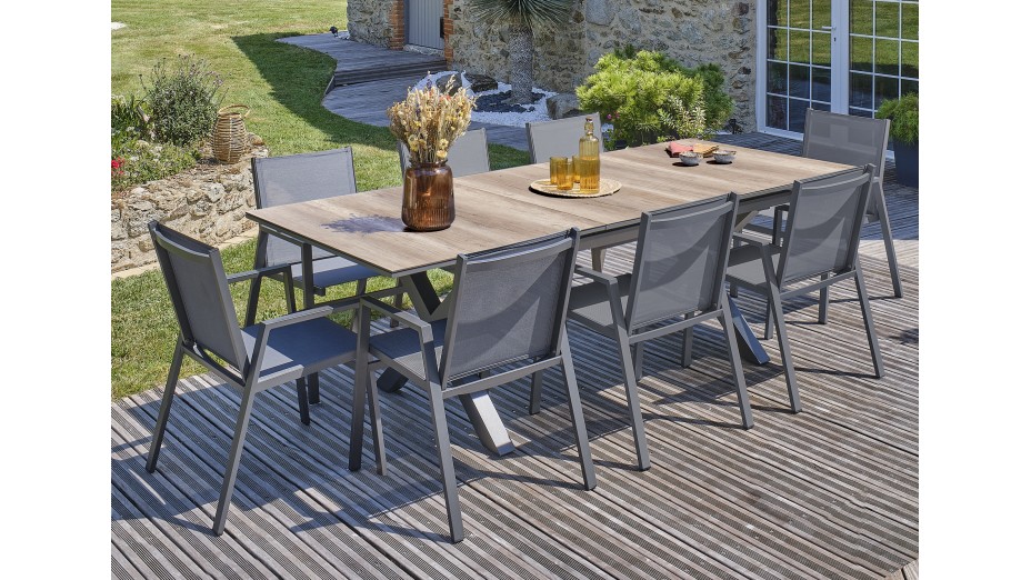 Lot composé d'une table de jardin FLORIDE-TB240-HPL-AW avec rallonge et de 8 fauteuils FLORIDE-FT-GRISANTH empilables