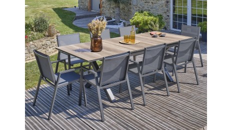Lot composé d'une table de jardin FLORIDE-TB240-HPL-AW avec rallonge et de 8 fauteuils FLORIDE-FT-GRISANTH empilables