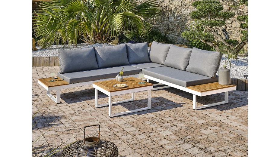Salon de jardin MIYAKO 5 places en aluminium et acacia - BLANC