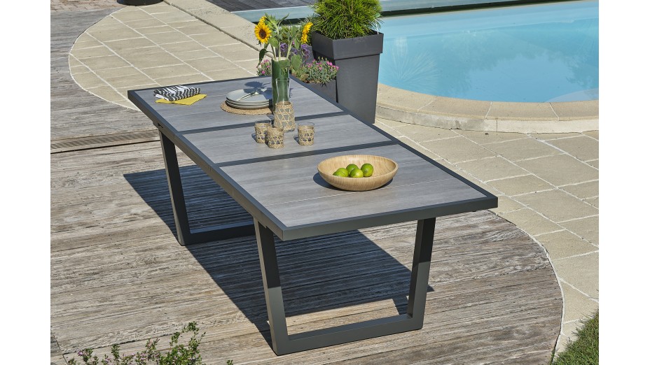 Table de jardin OLHOS (191/251x95 cm) avec rallonge automatique en aluminium et céramique - GRIS ANTHRACITE