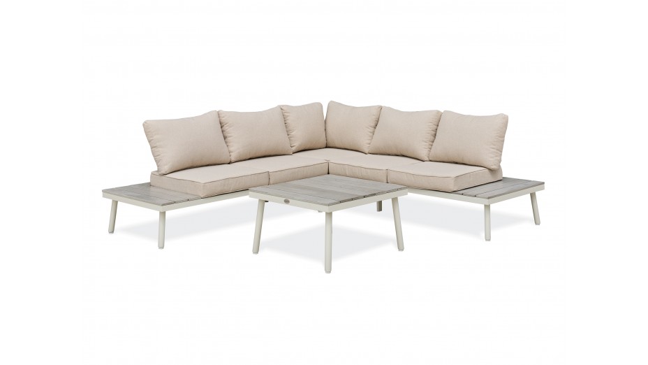 Salon de jardin d'angle OSAKA 5 places aluminium imitation bois gris et aluminium - BLANC