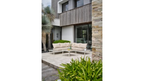 Salon de jardin d'angle OSAKA 5 places aluminium imitation bois gris et aluminium - BLANC