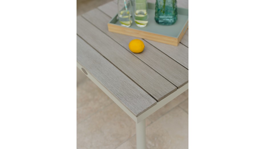 Salon de jardin d'angle OSAKA 5 places aluminium imitation bois gris et aluminium - BLANC