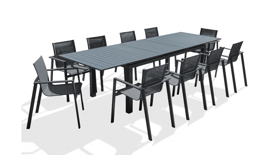 Lot composé d'une table de jardin MIAMI-TB300 avec rallonge et de 10 fauteuils ALU-MIAMI-FT empilables
