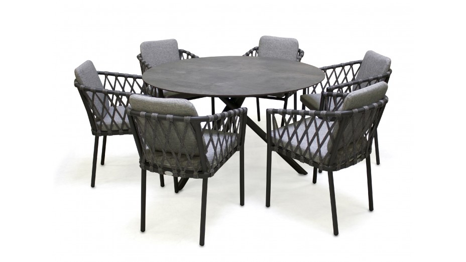 Lot composé d'une table de jardin ronde PILAT-TB129 et de 6 fauteuils PILAT-FT empilables