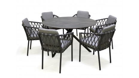 Lot composé d'une table de jardin ronde PILAT-TB129 et de 6 fauteuils PILAT-FT empilables