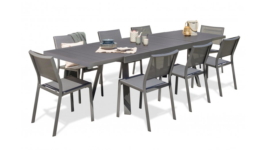 Lot composé d'une table de jardin STOCKHOLM-TB300-ALU avec rallonge et de 8 chaises STOCKHOLM-CH empilables