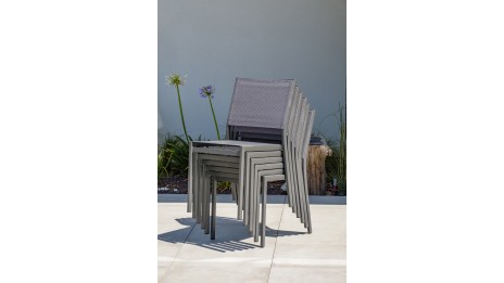 Lot composé d'une table de jardin STOCKHOLM-TB300-ALU avec rallonge et de 8 chaises STOCKHOLM-CH empilables