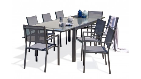 Lot composé d'un table de jardin TOLEDE-TB300-NOIR avec rallonge et de 8 fauteuils TOLEDE-FT empilables