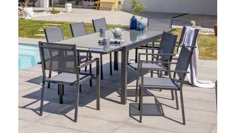Lot composé d'un table de jardin TOLEDE-TB300-NOIR avec rallonge et de 8 fauteuils TOLEDE-FT empilables
