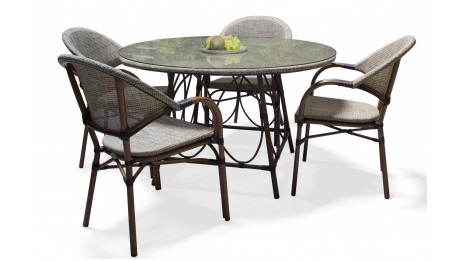 Lot composé d'une table de jardin ronde USHUAIA-TB125 et de 4 fauteuils USHUAIA-FT empilables