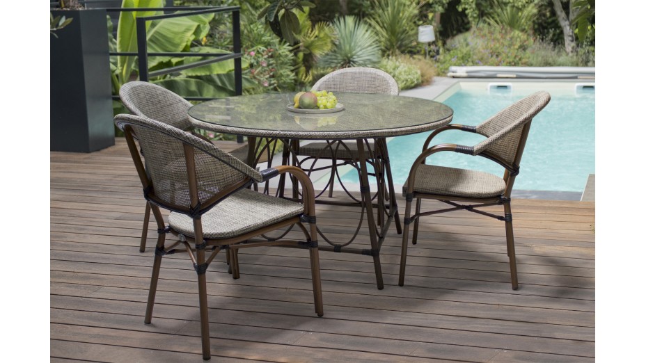 Lot composé d'une table de jardin ronde USHUAIA-TB125 et de 4 fauteuils USHUAIA-FT empilables