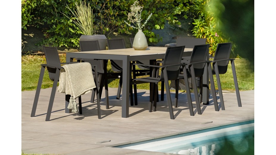 Lot composé d'une table de jardin VENISE-TB200 et de 8 fauteuils ALU-MIAMI-FT empilables