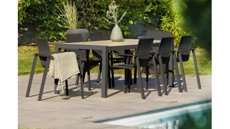 Lot composé d'une table de jardin VENISE-TB200 et de 8 fauteuils ALU-MIAMI-FT empilables