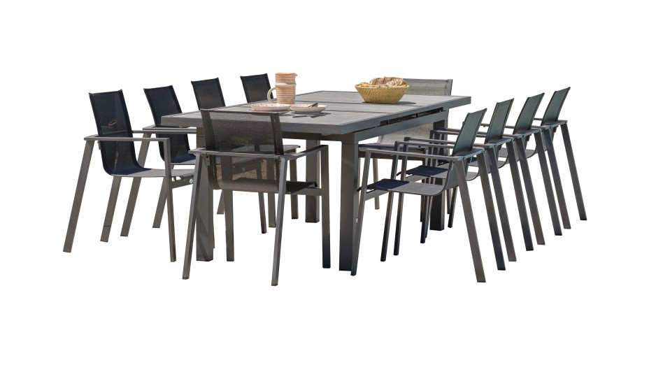 Lot composé d'une table de jardin VENISE-TB250 avec rallonge et de 10 fauteuils ALU-MIAMI-FT empilables
