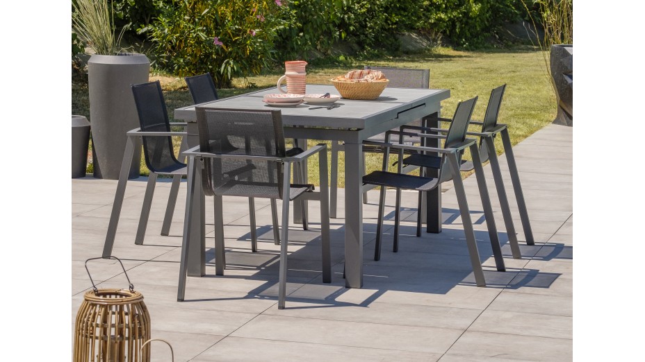 Lot composé d'une table de jardin VENISE-TB250 avec rallonge et de 6 fauteuils ALU-MIAMI-FT empilables
