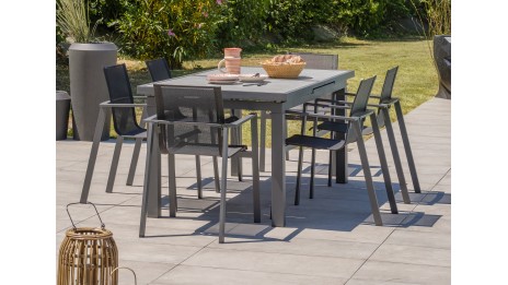 Lot composé d'une table de jardin VENISE-TB250 avec rallonge et de 6 fauteuils ALU-MIAMI-FT empilables
