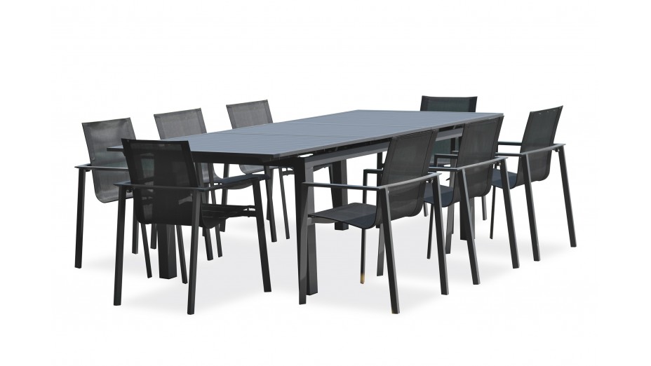 Lot composé d'une table de jardin ALU-MIAMI-TBALU avec rallonge et de 8 fauteuils ALU-MIAMI-FT empilables