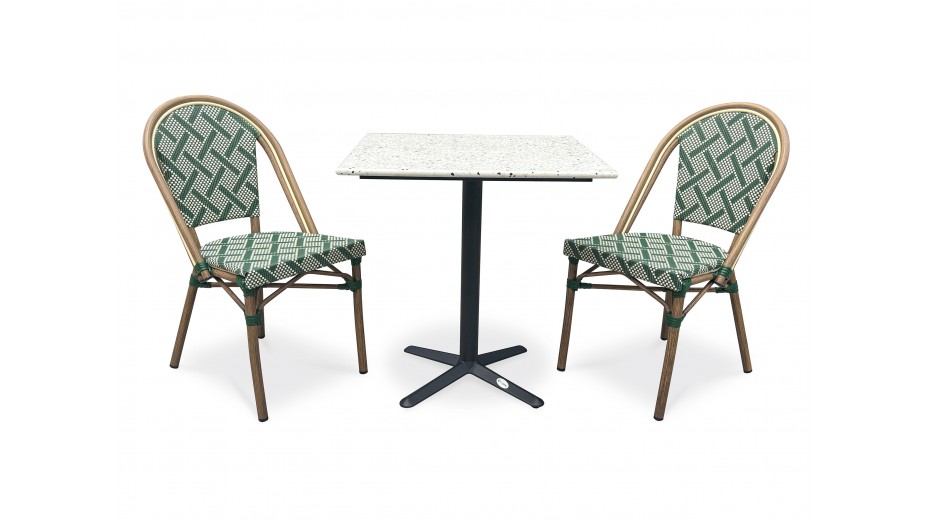 Lot composé d'une table de jardin BISTRO-TB70-TRZ et de 2 fauteuils BISTRO-FT-TEX-VERT empilables