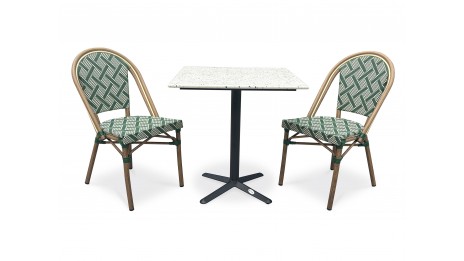 Lot composé d'une table de jardin BISTRO-TB70-TRZ et de 2 fauteuils BISTRO-FT-TEX-VERT empilables