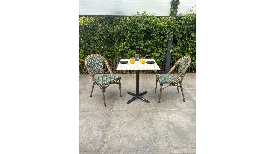 Lot composé d'une table de jardin BISTRO-TB70-TRZ et de 2 fauteuils BISTRO-FT-TEX-VERT empilables