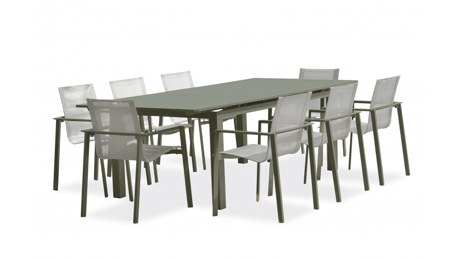 Lot composé d'une table de jardin MIAMI-TB240-KAKI avec rallonge et de 8 fauteuils MIAMI-FT-KAKI empilables