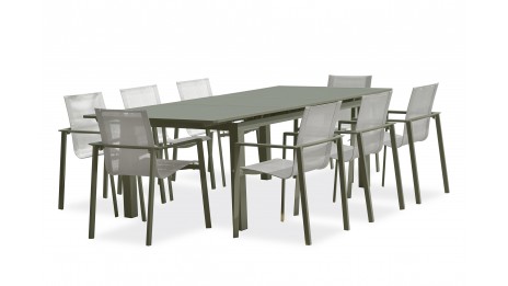 Lot composé d'une table de jardin MIAMI-TB240-KAKI avec rallonge et de 8 fauteuils MIAMI-FT-KAKI empilables
