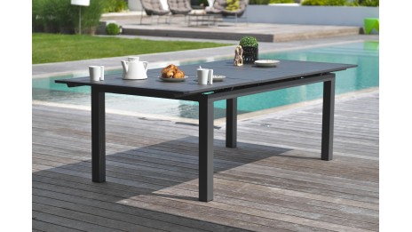 Lot composé d'une table de jardin ALU-MIAMI-TBALU avec rallonge et de 6 fauteuils ALU-MIAMI-FT empilables