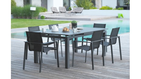 Lot composé d'une table de jardin ALU-MIAMI-TBALU avec rallonge et de 6 fauteuils ALU-MIAMI-FT empilables