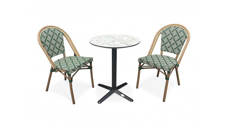 Lot composé d'une table de jardin BISTRO-TB60-HPL-MB et de 2 fauteuils BISTRO-FT-TEX-VERT empilables
