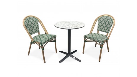 Lot composé d'une table de jardin BISTRO-TB60-HPL-MB et de 2 fauteuils BISTRO-FT-TEX-VERT empilables