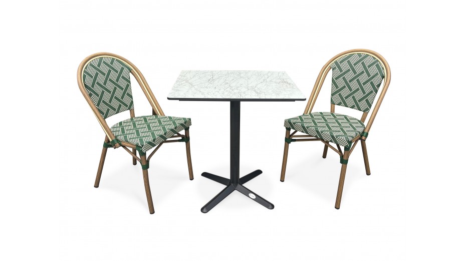 Lot composé d'une table de jardin BISTRO-TB70-HPL-MB et de 2 fauteuils BISTRO-FT-TEX-VERT empilables