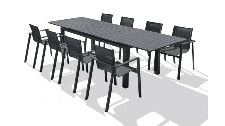 Lot composé d'une table de jardin MIAMI-TB300 avec rallonge et de 8 fauteuils ALU-MIAMI-FT empilables