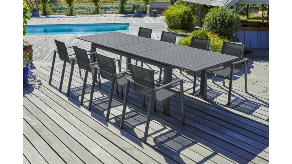 Lot composé d'une table de jardin MIAMI-TB300 avec rallonge et de 8 fauteuils ALU-MIAMI-FT empilables