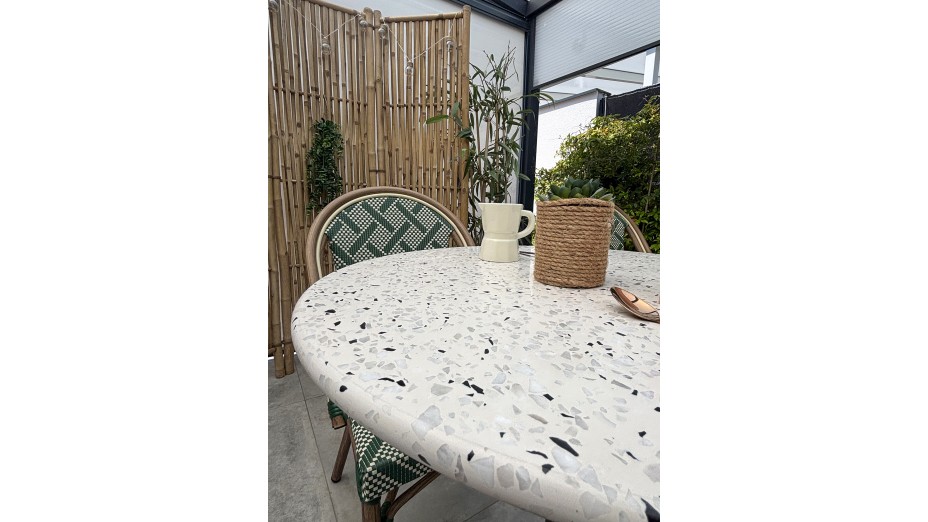 Lot composé d'une table de jardin BISTRO-TB60-TRZ et de 2 fauteuils BISTRO-FT-TEX-VERT empilables